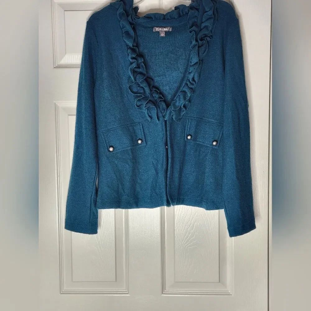 Roz & Ali Dark L Teal WOOL Blend Longsleeves Ruffle Neck Cardigan Sweater
